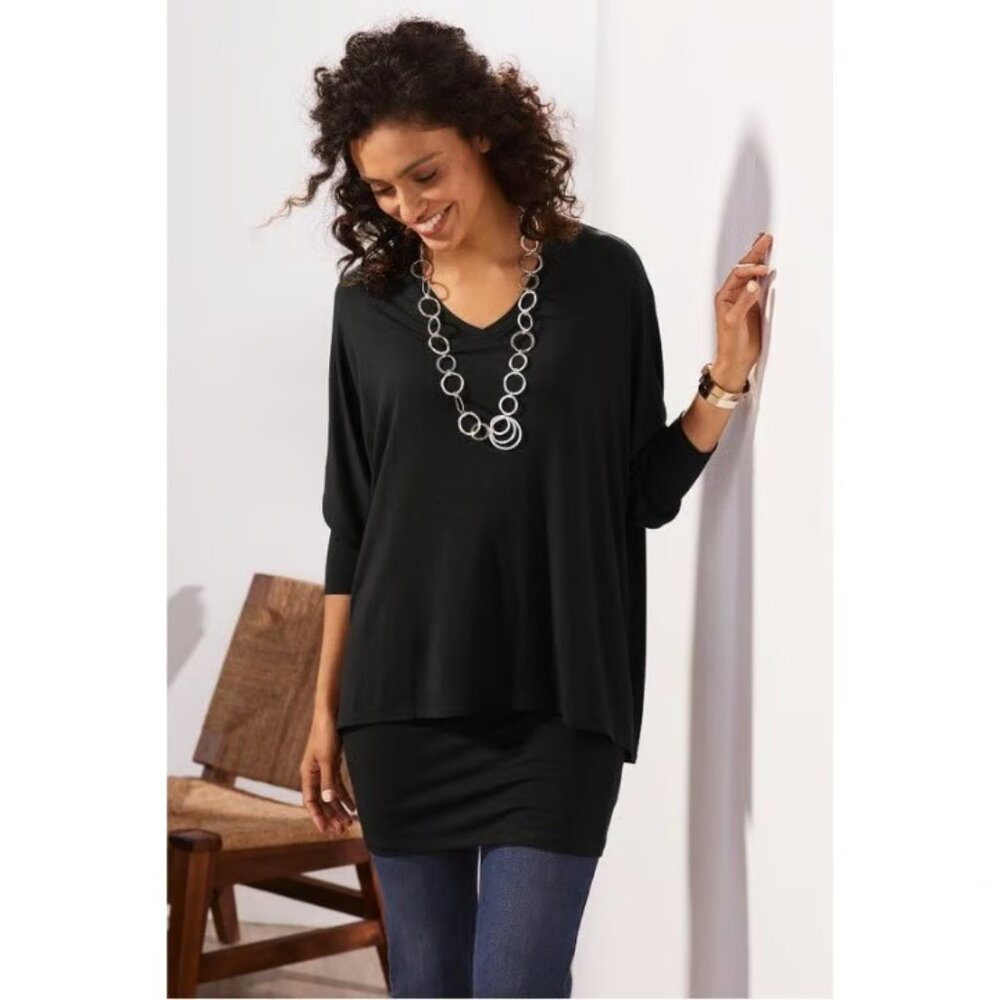 Soft Surroundings Indeevar Tunic Black Flowy V-neck Top Women Size X Small